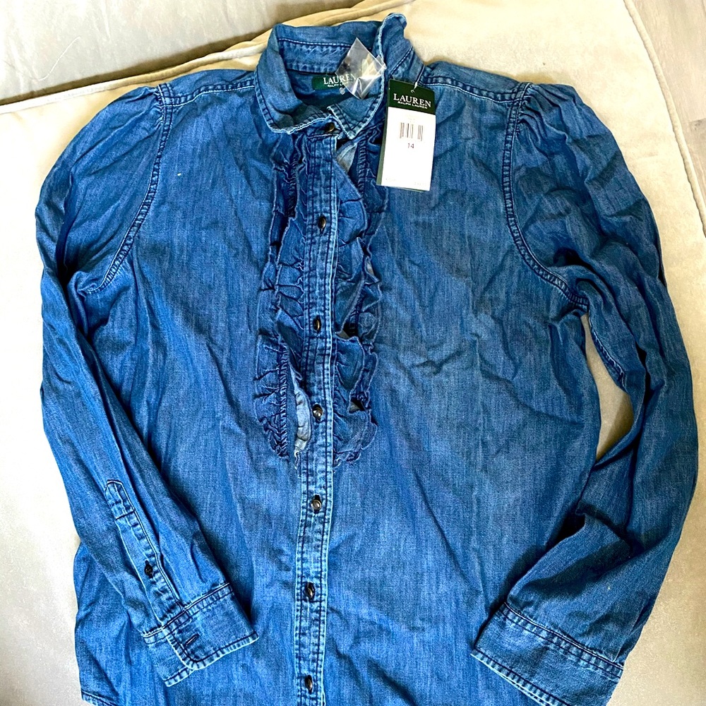 New - Lauren Ralph Lauren Ruffle Front Denim Shirt